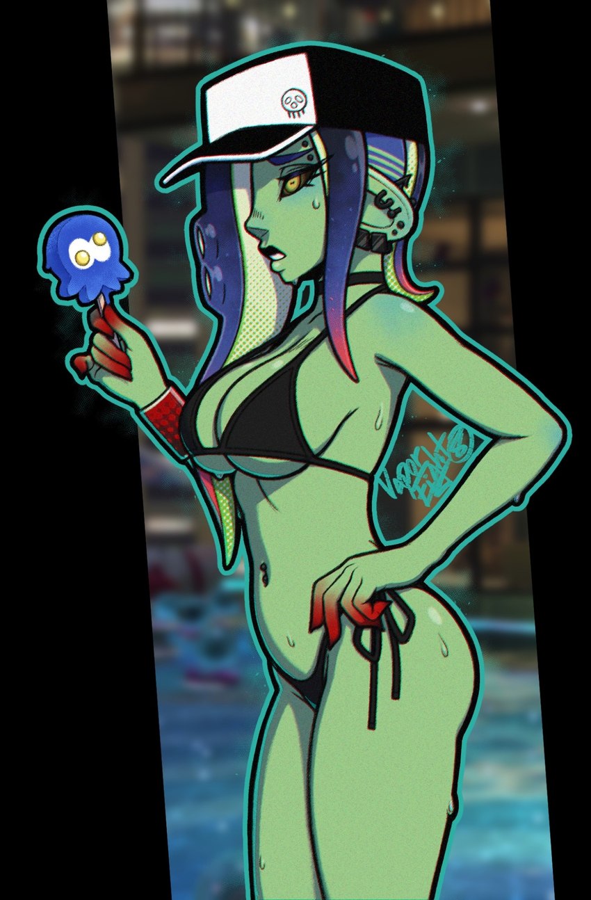 baseball_cap big_breasts big_butt bikini black_bikini black_cap black_clothing black_sclera black_swimwear blue_hair bodily_fluids breasts butt choker clothing dessert ear_piercing eyebrow_piercing eyelashes facial_piercing female food green_body green_skin hair hair_over_eye hand_on_hip hat headgear headwear holding_food holding_ice_cream holding_object horizontal_pupils humanoid_pointy_ears ice_cream jewelry long_hair multicolored_hair necklace piercing pointy_ears pseudo_hair pupils red_hair side-tie_bikini side_view solo string_bikini sweat sweatdrop swimwear tentacle_hair tentacles thick_thighs two-piece_swimsuit two_tone_hair wide_hips yellow_eyes vaporeight nintendo splatoon acht_(splatoon) animal_humanoid cephalopod cephalopod_humanoid humanoid marine marine_humanoid mollusk mollusk_humanoid octarian octoling octopus_humanoid sanitized_octarian sanitized_octoling hi_res