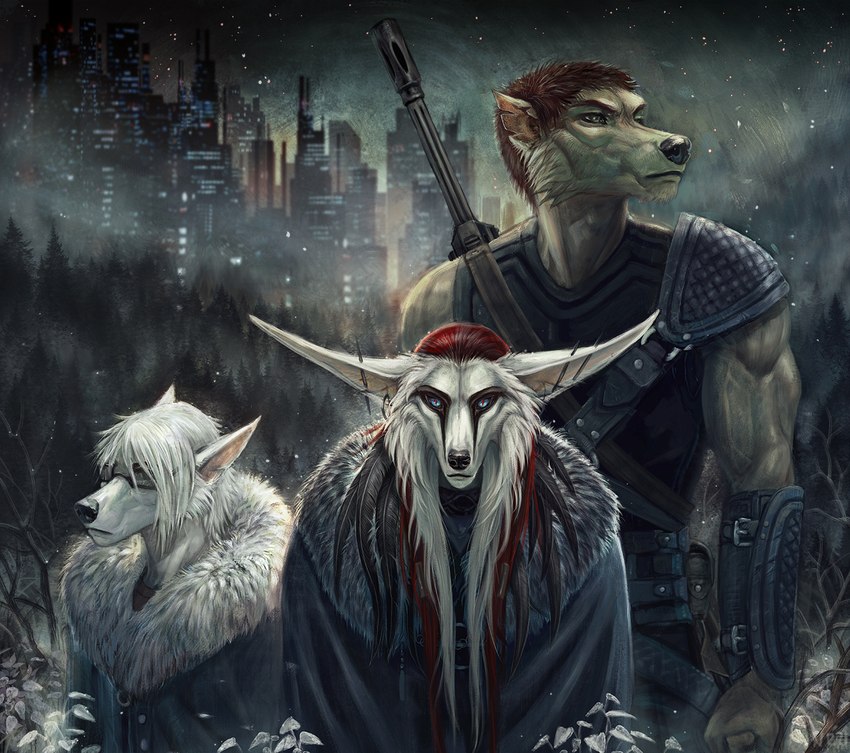 anthro black_nose brown_hair city clothed clothing detailed_background eyebrows eyelashes eyewear glasses group gun hair male ranged_weapon standing trio weapon nukerooster barioth_(nukerooster) fallion travis_conner arch_(nukerooster) canid canine canis mammal 2021 digital_media_(artwork) hi_res