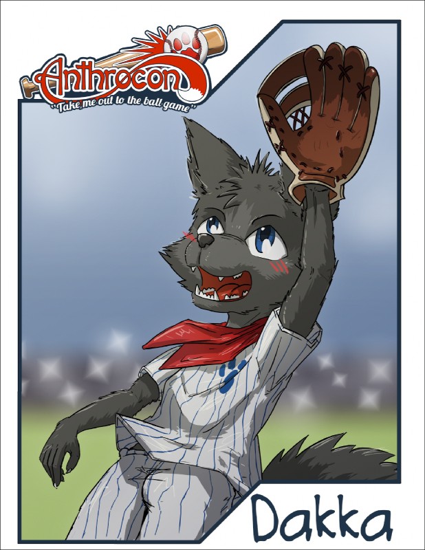 anthro ball baseball_(ball) baseball_(sport) baseball_bat baseball_glove baseball_uniform bat_(object) black_body black_fur blue_eyes blush bottomwear clothing fangs fur kerchief male open_mouth pants pinstripes shirt smile solo sport sportswear teeth topwear uniform young young_anthro dakkawoof anthrocon dakka canid canine canis mammal wolf 2017 character_badge_(artwork) hi_res