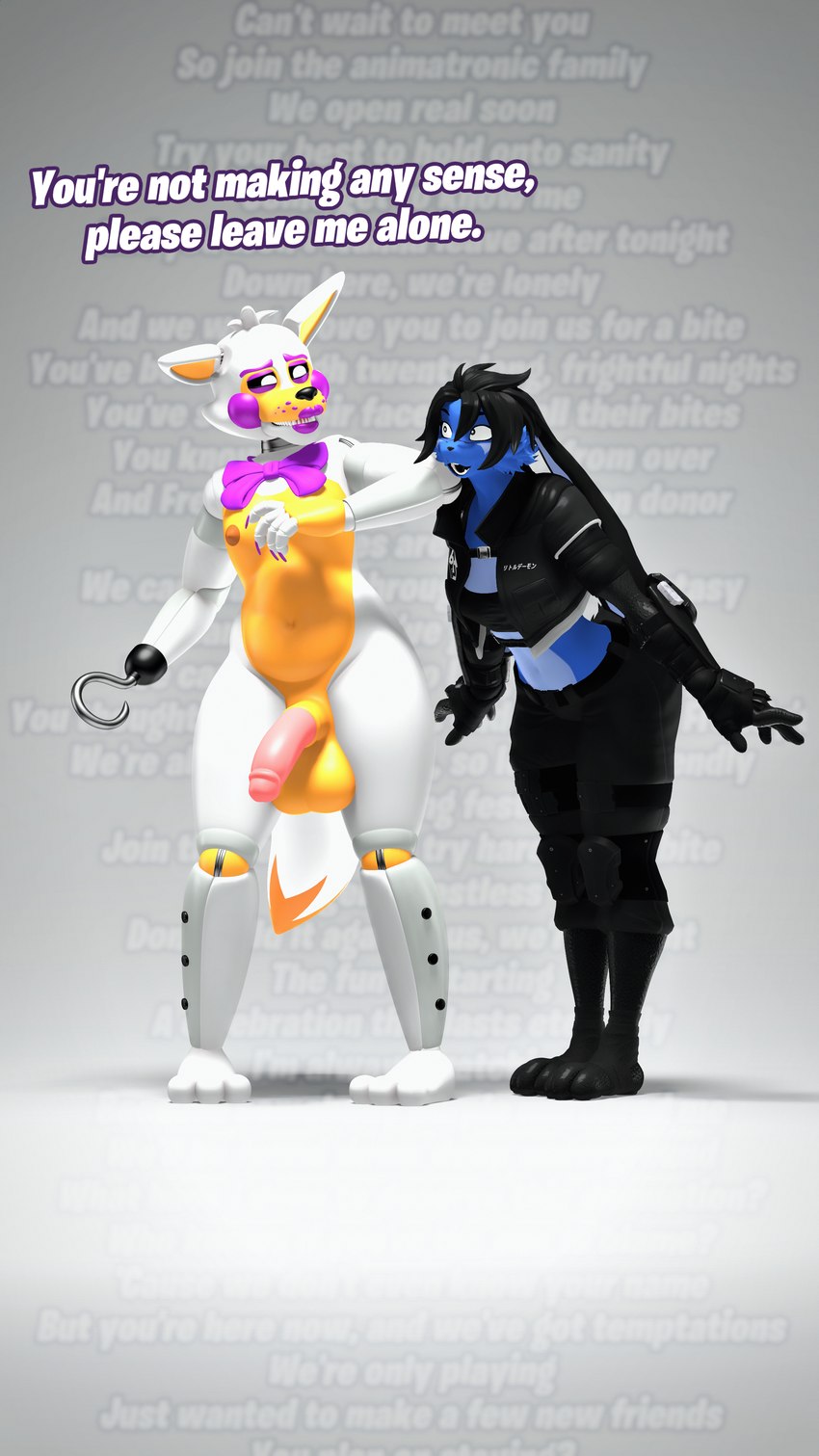 annoyed annoying anthro blue_body blue_fur duo female fur harassment male male/female nipples singing text uncomfortable conditional_dnp domibun octal_(modeler) five_nights_at_freddy's five_nights_at_freddy's_world scottgames domi_(domibun) lolbit_(fnaf) canid canine canis lagomorph leporid mammal rabbit wolf 3d_(artwork) 4k 9:16 absurd_res digital_media_(artwork) english_text hi_res source_filmmaker_(artwork)