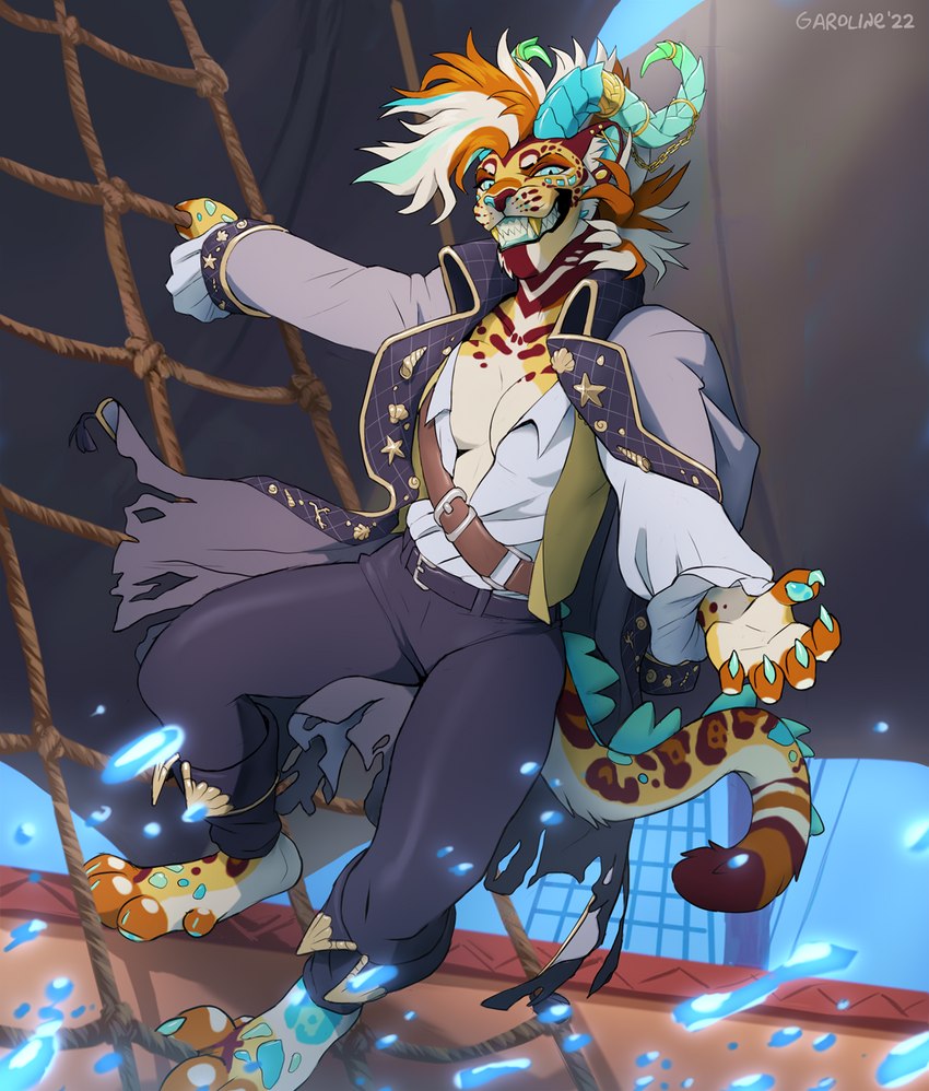 4_toes 5_fingers anthro blue_eyes breasts clothed clothing ear_piercing feet female fingers gauged_ear hair horn industrial_piercing male piercing pirate smile solo teeth toes kero_tzuki felid feline hybrid mammal 2022 digital_media_(artwork) hi_res