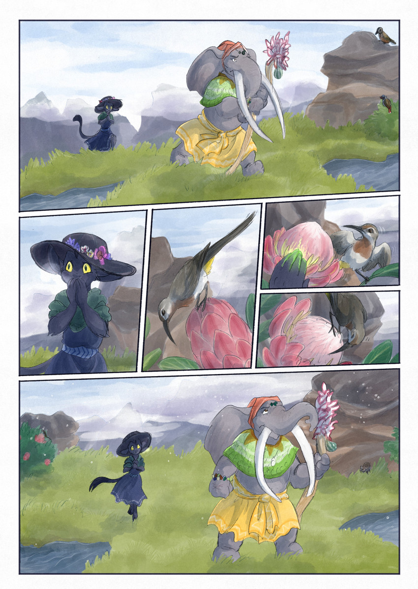 ambiguous_gender anthro biped black_body black_fur black_tail blue_sky clothed clothing cloud day flower fur grass grey_body hat headgear headwear holding_object male outside plant proboscis_(anatomy) rock sky snow snowing tail trunk_(anatomy) bjekkergauken imbali_(bjekkergauken) isilo_(bjekkergauken) avian bird elephant elephantid mammal proboscidean unknown_species 2025 comic hi_res