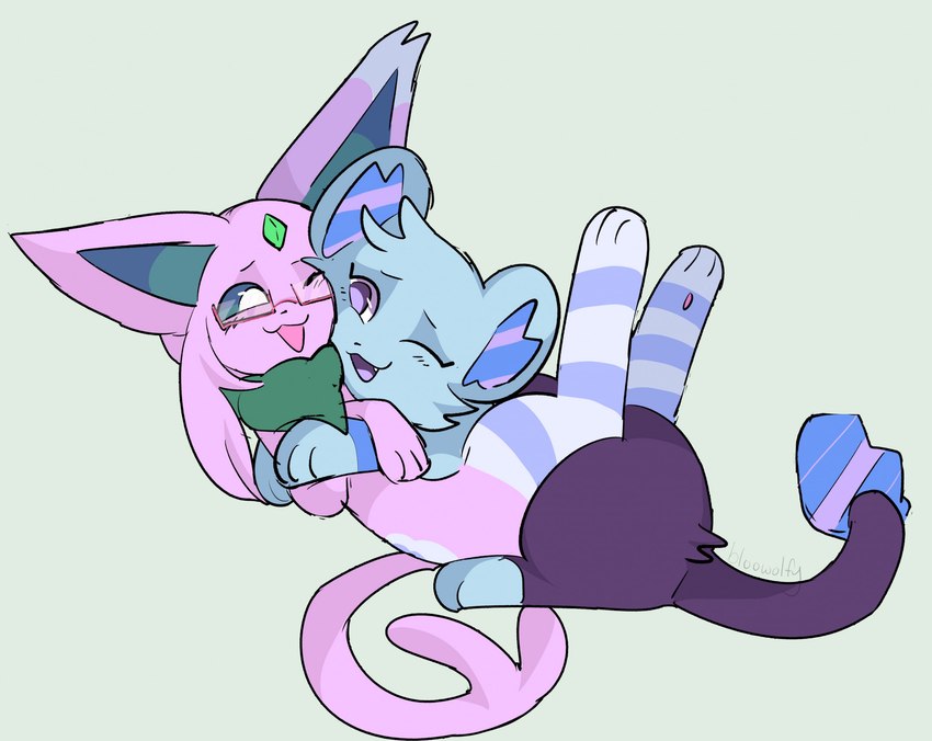 ambiguous_gender blue_background blue_body blue_fur duo feral feral_on_feral fur hug pink_body pink_fur simple_background bloowolfy nintendo pokemon eeveelution espeon generation_2_pokemon generation_4_pokemon pokemon_(species) shinx 2024 hi_res