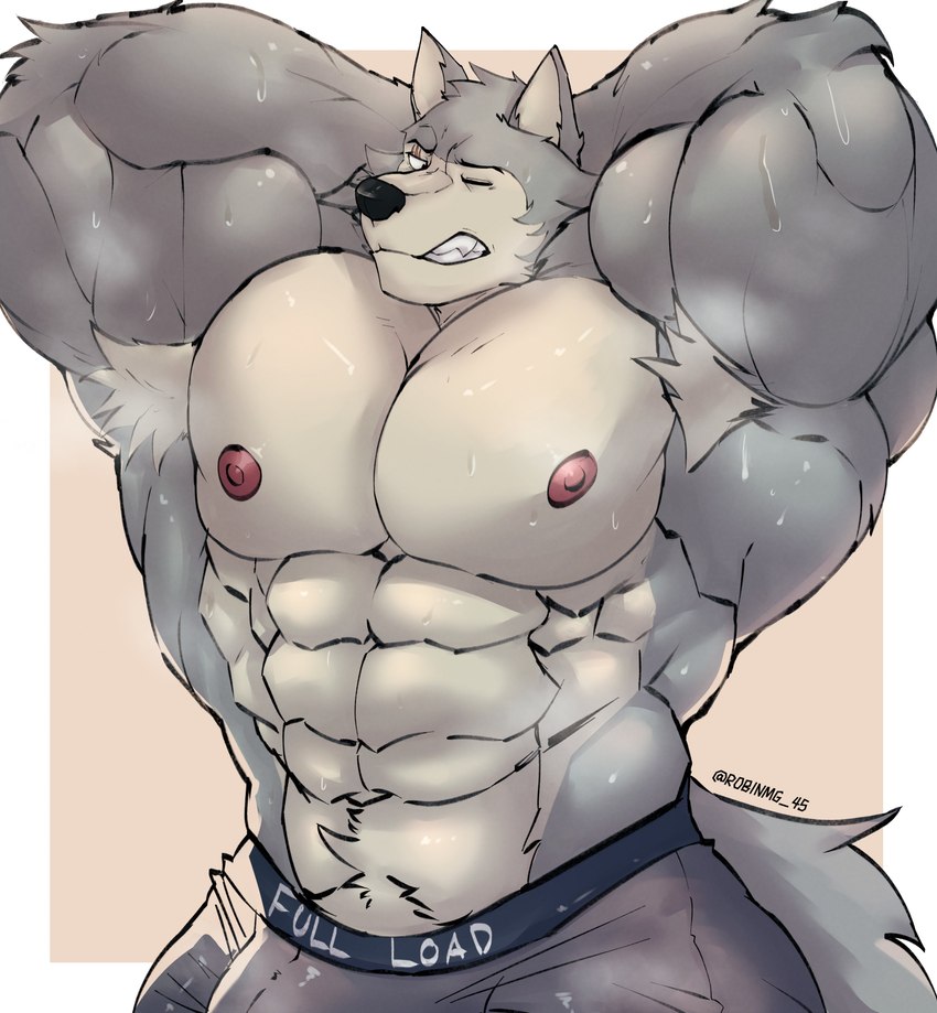 abs anthro armpit_hair barazoku biceps big_biceps big_bulge big_deltoids big_muscles big_pecs bodily_fluids body_hair bulge clothed clothing deltoids flexing fur grey_body grey_fur hair huge_bulge huge_deltoids huge_muscles huge_pecs hyper hyper_muscles looking_at_viewer male manly muscular muscular_anthro muscular_arms muscular_male nipples pecs raised_arms simple_background solo standing steam steamy_armpit sweat sweatdrop teeth underwear robinmg_45 beastars legoshi_(beastars) canid canine canis mammal wolf absurd_res digital_drawing_(artwork) digital_media_(artwork) hi_res