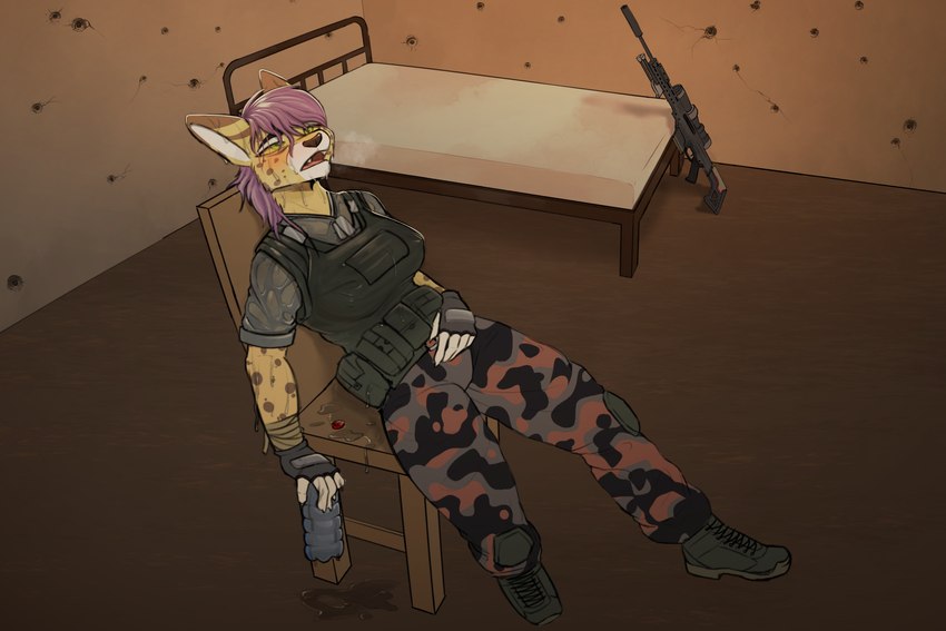 anthro bed bodily_fluids bottle bullet_hole camo camo_clothing camo_print chair clothed clothing container dog_tags exhausted female fingerless_gloves fully_clothed furniture gloves gun hair handwear holding_object knee_pads leaning leaning_backward looking_up markings military on_chair pattern_clothing purple_hair ranged_weapon red_cheeks rifle sitting sitting_on_chair sniper_rifle solo spots spotted_markings sweat tan_body tired_eyes water_bottle weapon wet wet_clothing wraps nootkep cheetah felid feline mammal 3:2 hi_res