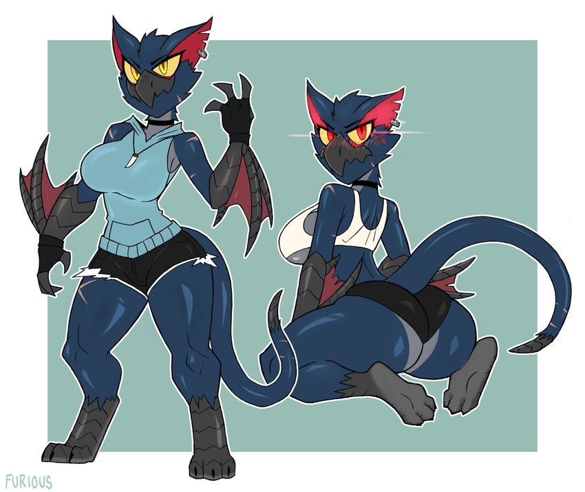 3_toes 4_fingers anthro anthrofied arm_scar barefoot beak bent_arm bent_legs big_breasts big_butt biped black_bottomwear black_choker black_clothing black_gloves black_handwear black_hotpants black_jewelry black_necklace black_shorts blue_body blue_fur blue_tail blush blush_lines border bottomwear breasts bubble_butt butt choker claws clothed clothed_anthro clothed_female clothing cross-popping_vein digitigrade ear_piercing ear_ring eyebrows facial_scar feet female female_anthro finger_claws fingerless_gloves fingers fully_clothed fully_clothed_anthro fully_clothed_female fur glistening glistening_body glistening_legs glistening_tail glistening_thighs gloves glowing glowing_eyes grey_beak grey_body grey_fur grey_scales handwear head_turned hotpants jewelry leg_scar looking_back membrane_(anatomy) membranous_wings multicolored_body multicolored_fur necklace notched_ear outline piercing pupils raised_arm red_eyes red_inner_ear red_wings ring_piercing scales scar scuted_arms scuted_feet scuted_tail scutes shirt shorts side_boob simple_background sitting sleeveless_shirt slit_pupils small_waist solo sparkles standing tail tail_scar tank_top teal_background text thick_thighs toe_claws toes topwear two_tone_body two_tone_fur under_boob wariza white_border white_clothing white_outline white_shirt white_tank_top white_topwear wide_hips winged_arms wings yellow_eyes yellow_sclera zr_furious capcom european_mythology monster_hunter mythology nyx_(zr_furious) dragon flying_wyvern mythological_creature mythological_scalie nargacuga scalie western_dragon wyvern 2022 artist_name digital_media_(artwork) hi_res multiple_images