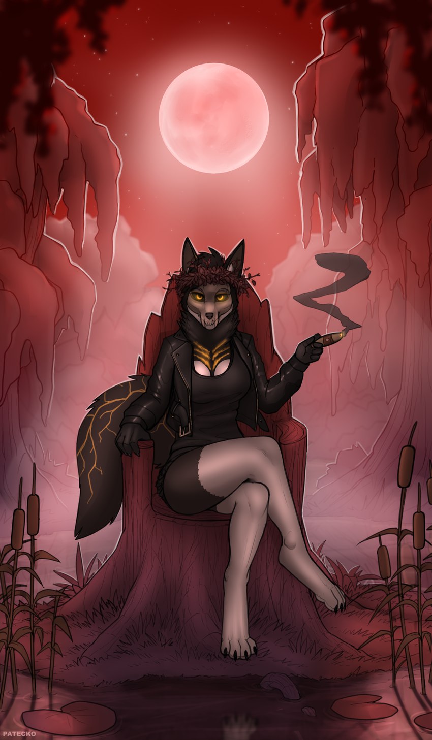 anthro blood_moon breasts chair cigar elizabeth_calibra female furniture looking_at_viewer mask moon skull_mask solo swamp throne patecko abyssal_wolf humanoid absurd_res hi_res