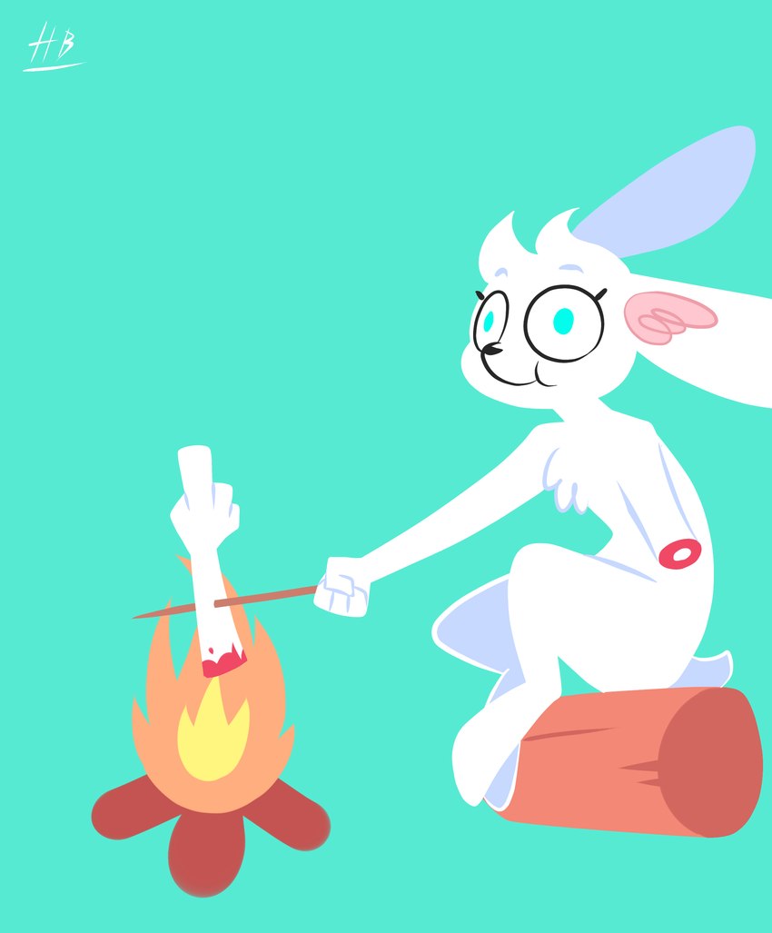 ambiguous_gender anthro blood bodily_fluids campfire chest_tuft fire fur gesture hand_gesture log middle_finger sitting solo tuft white_body white_fur wood hydrabb lagomorph leporid mammal rabbit absurd_res digital_media_(artwork) hi_res lineless