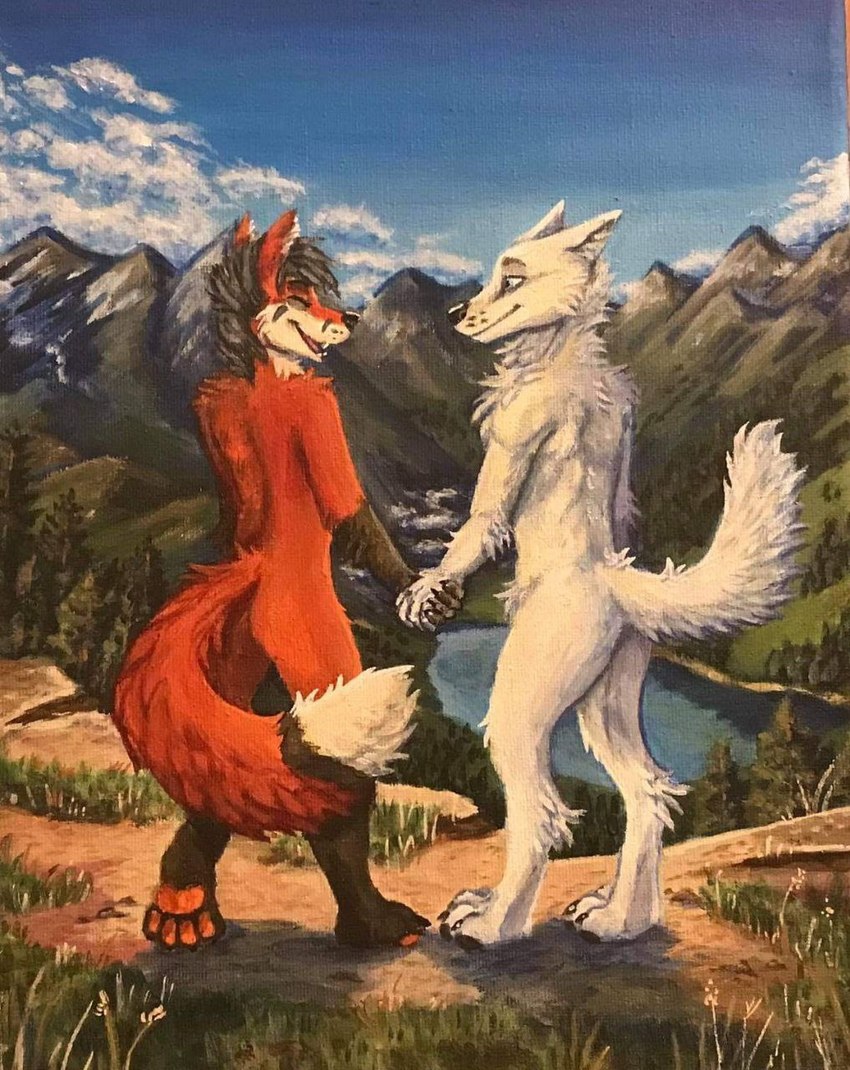 anthro duo lake landscape male male/male mountain nature romantic romantic_couple adyquail shadel_fox wolfdog_whitewolf canid canine canis fox hybrid mammal red_fox true_fox wolf wolfdog acrylic_painting_(artwork) hi_res