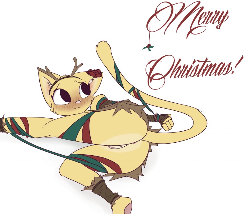 anthro anus barefoot blush bottomless butt clothed clothing feet female genitals holidays merry_christmas pawpads paws pink_pawpads pussy soles solo text raydio christmas microsoft prequel_adventure the_elder_scrolls katia_managan felid khajiit mammal 2017 absurd_res digital_media_(artwork) english_text hi_res