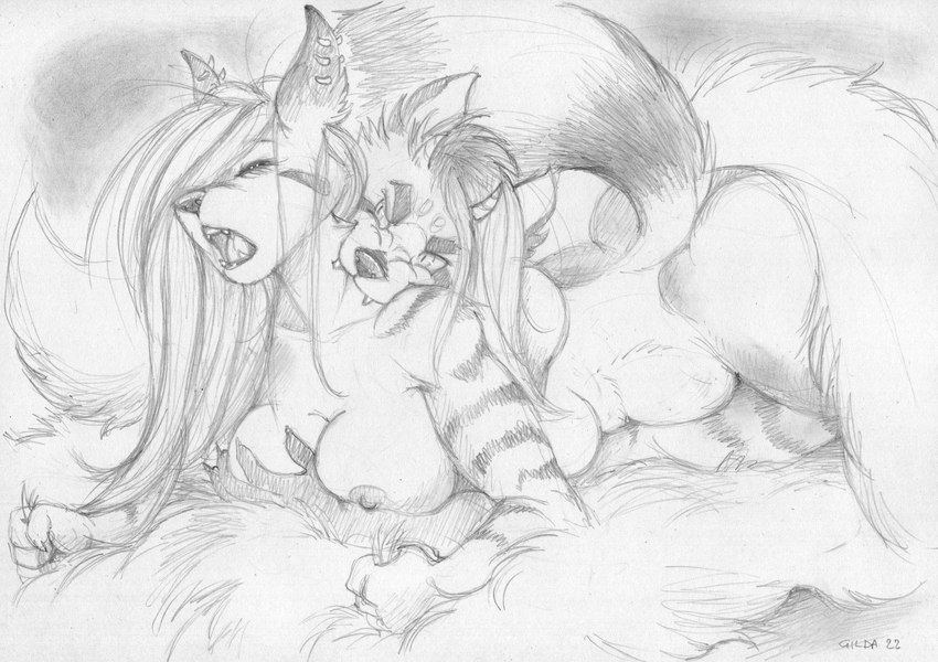 anthro bedding big_breasts blanket breast_grab breasts duo ear_piercing eyes_closed fangs female female/female hand_on_breast horn imposter looking_at_another lying moan nipples nude on_front piercing teeth sanssouci kaguya_(umpherio) sans_(sanssouci) ailurid demon hyena mammal red_panda monochrome sketch