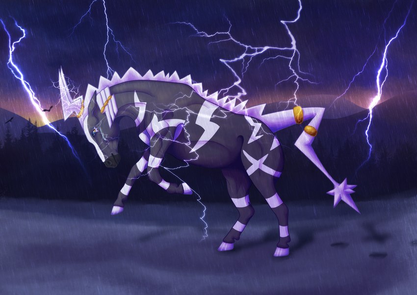 accessory blue_eyes dreadlocks electricity electricity_manipulation elemental_manipulation feral grey_body hair_accessory hair_tie hooves lightning male mane raining stripes seiden nintendo pokemon ruzestrika generation_5_pokemon pokemon_(species) zebstrika hi_res