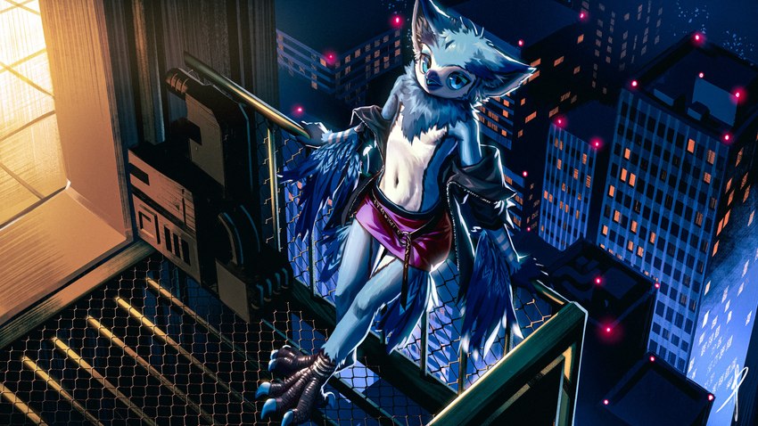 4_toes anisodactyl anthro avian_feet balcony barefoot beak belt blue_body blue_claws blue_eyes blue_feathers blue_tongue bottomwear building city claws clothed clothing crossdressing detailed_background feathers feet femboy front_view high-angle_view high_place holding_railing jacket leaning leaning_backward looking_at_viewer looking_up male male_anthro miniskirt navel neck_tuft night off_shoulder open_beak open_clothing open_jacket open_mouth open_topwear outside purple_beak purple_bottomwear purple_clothing purple_skirt railing skirt skyscraper solo standing tail tail_feathers toes tongue topwear tuft unzipped winged_arms wings zipper blaedic hean avian bird northern_white-faced_owl owl true_owl white-faced_owl 16:9 2022 absurd_res hi_res widescreen