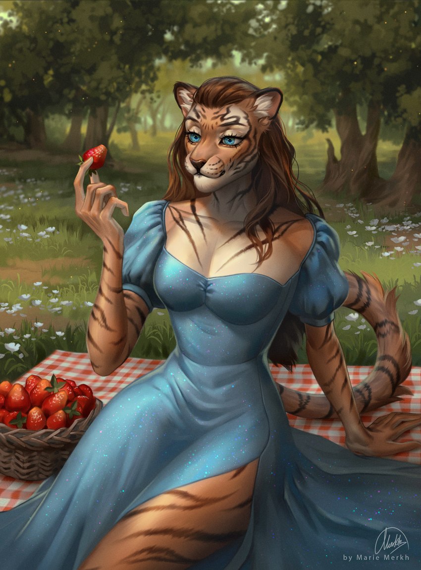 5_fingers anthro basket biped black_nose blue_clothing blue_dress blue_eyes breasts brown_hair brown_stripes cleavage clothed clothing container countershade_torso countershading detailed_background dress eyebrows eyelashes female fingers food front_view fruit fully_clothed fur glistening glistening_eyes grass hair holding_food holding_object inner_ear_fluff light light_body medium_breasts mouth_closed nature nature_background orange_body orange_fur outside plant sitting small_waist solo strawberry striped_arms striped_body striped_fur striped_legs stripes tan_body tan_fur tree tuft marie_merkh microsoft the_elder_scrolls sheta felid khajiit mammal pantherine tiger 2023 artist_name hi_res lighting portrait shaded signature soft_shading three-quarter_portrait