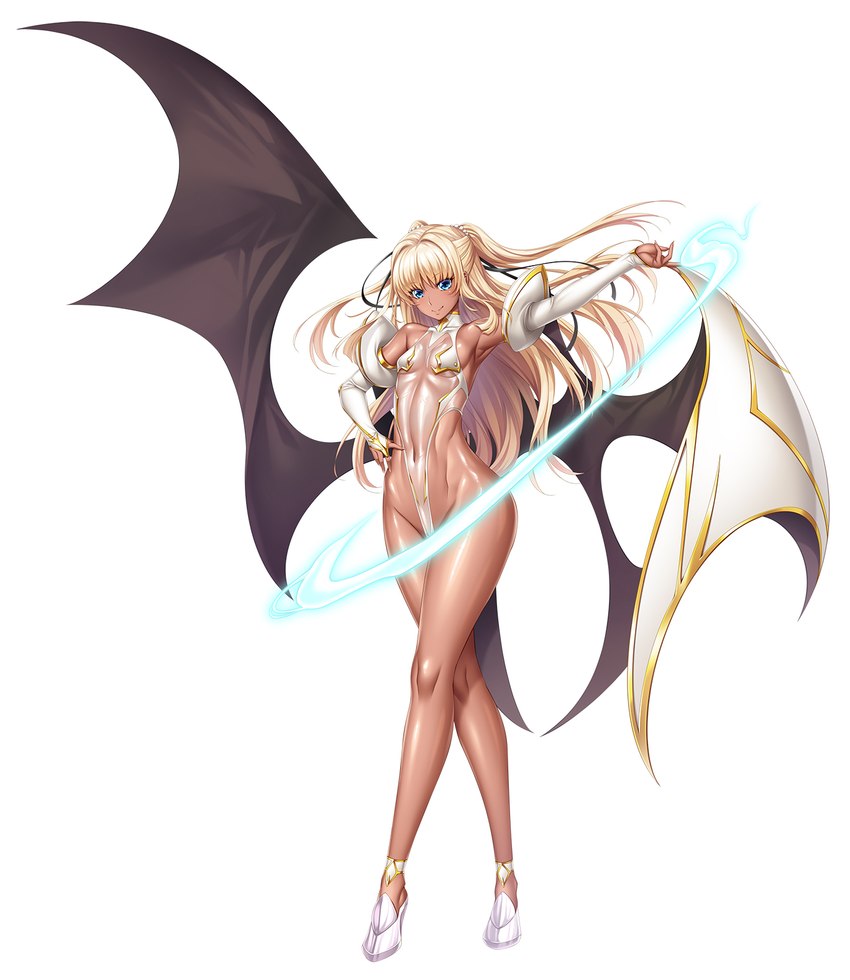 bat_wings black_ribbon blonde_hair blue_eyes clothed clothing dark_body dark_skin female flat_chested footwear hair high_heels highleg highleg_leotard leotard membrane_(anatomy) membranous_wings not_furry shoes simple_background skimpy solo tan_body tan_skin thick_thighs translucent_leotard white_background white_clothing white_footwear white_high_heels wings nagisa_aoi taimanin_(series) tentacle_and_witches futaba_lily_ramses humanoid succubus winged_humanoid digital_media_(artwork) hi_res