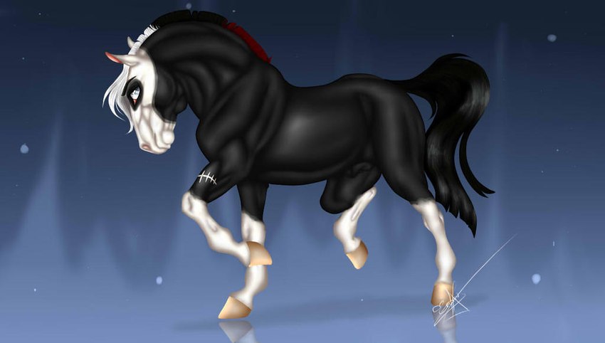 abstract_background animal_genitalia back_mane black_body black_tail blue_eyes feral fully_sheathed genitals hooves leg_markings male mane markings mouth_closed red_mane sheath side_view socks_(marking) solo tail tan_hooves white_body white_mane scarlanya equid equine horse mammal signature