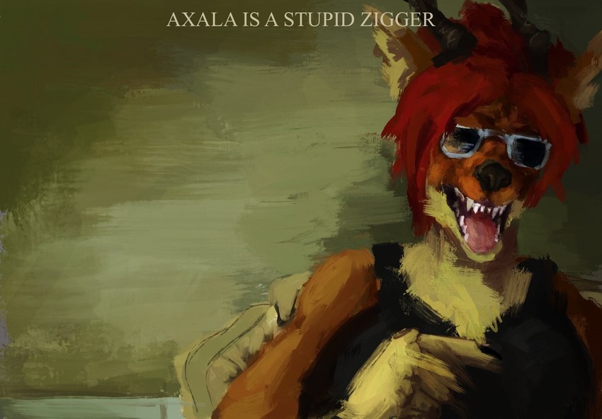 accessory angry anthro armchair big_breasts black_clothing black_nose black_shirt black_tank_top black_topwear breasts chair chest_tuft clothed clothing detailed_background dialogue eyewear female fur furniture gesture glasses hair hair_bun hand_gesture horn huge_breasts humor inner_ear_fluff inside meme_pose multicolored_body multicolored_fur open_mouth orange_body orange_fur parody pointing pointy_ears prick_ears racial_slur racism red_hair sharp_teeth shirt sitting slur solo sunglasses tank_top teeth text tongue topwear tuft two_tone_body two_tone_fur yellow_body yellow_fur anon2000000 keemstar asche_(krautdyke) hybrid digital_media_(artwork) digital_painting_(artwork) english_text hi_res meme painting_(artwork) shaded