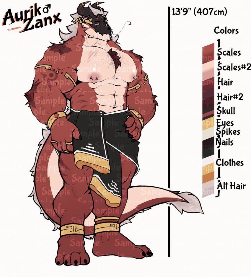 4_toes 5_fingers abs anklet anthro arm_tuft barazoku barbel_(anatomy) biceps biped black_claws body_hair bone bracelet chest_hair chest_tuft claws color_swatch countershading ear_piercing ear_ring elbow_tuft feet fingers flesh_whiskers hair head_wreath horn horn_jewelry horn_ring jewelry looking_at_viewer male muscular muscular_anthro muscular_male nipple_piercing nipples pecs piercing plantigrade red_body ring_(jewelry) ring_piercing scratches skull skull_head solo standing tail tail_mane tail_tuft toes tuft whisker_tuft white_body white_countershading white_hair yellow_sclera zaflep mythology dragon mythological_creature mythological_scalie scalie 2024 distracting_watermark hi_res watermark