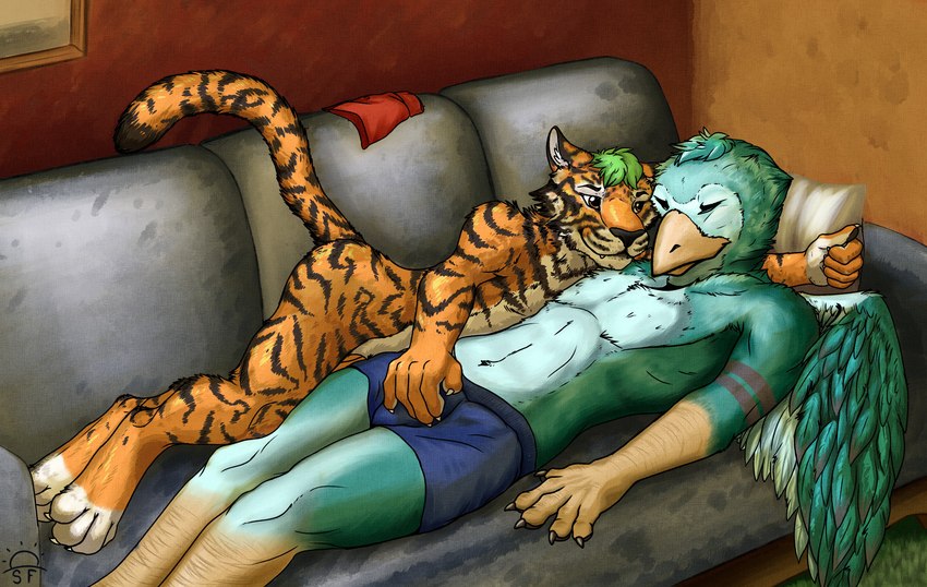 anthro beak clothing cuddling duo furniture genitals hand_on_bulge male male/male nude penis plantigrade sofa stripes underwear wings sunny_frostwolf ahaditiger avian bird blue_jay corvid felid jay_(bird) mammal new_world_jay oscine pantherine passerine siberian_tiger tiger absurd_res hi_res