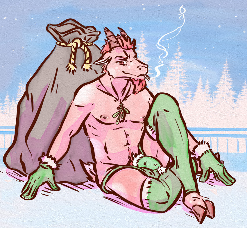 anthro christmas_clothing clothed clothing drugs facial_hair gloves handwear holidays hooves legwear looking_at_viewer male marijuana nipples pubes solo speedo stockings swimwear topless underwear yule lavilovi christmas yule_goat bovid caprine goat mammal digital_media_(artwork)