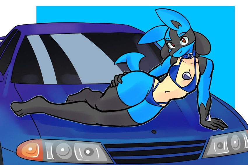 anthro big_ears bikini car chest_spike clothed clothing collar crossdressing femboy hand_on_hip hand_spike headlights leash looking_at_viewer male on_car orange_eyes simple_background solo spikes spikes_(anatomy) swimwear tail thick_thighs two-piece_swimsuit vehicle window lewott nintendo nissan nissan_skyline pokemon generation_4_pokemon lucario pokemon_(species) 3:2