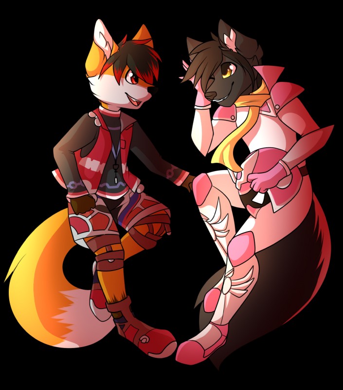 anthro black_body black_fur black_hair cosplay duo fur hair male orange_body orange_fur freeze-pop88 f-zero nintendo xenoblade_chronicles xenoblade_chronicles_1 ash_harden captain_falcon nanabi_ashiro shulk canid canine fox mammal 2015 alpha_channel hi_res