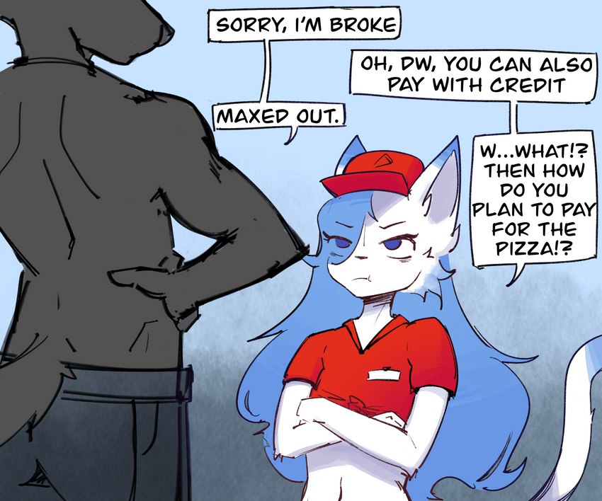 anthro black_body blue_hair clothing crop_top delivery_(commerce) dialogue duo femboy food_delivery hair male pizza_delivery shirt speech_bubble text topwear white_body ds0ivi0 stiria canid canine canis felid feline mammal wolf 6:5 absurd_res english_text hi_res