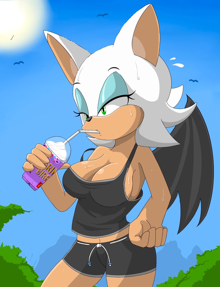 anthro beverage bodily_fluids breasts cleavage clothed clothing container cup day eyeshadow female flying_sweatdrops fur green_eyes makeup membrane_(anatomy) membranous_wings narrowed_eyes outside solo sun sweat sweatdrop tan_body tan_skin white_body white_fur wings zebra10045 grimace_shake mcdonald's sega sonic_the_hedgehog_(series) rouge_the_bat bat mammal 2023 hi_res meme