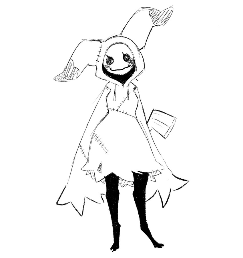 angular anthro anthrofied black_eyes breasts clothing empty_eyes female hoodie long_arms looking_at_viewer oversized_clothing slim small_breasts smile solo topwear wide_hips jinx_doodle nintendo pokemon generation_7_pokemon mimikyu pokemon_(species) 2021 cross-hatching hatching_(art) hi_res monochrome shaded sketch