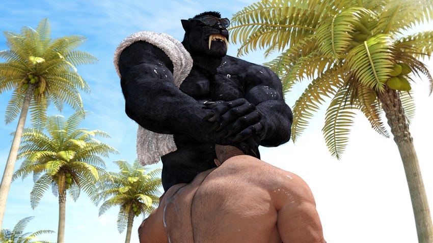 anthro back_muscles beach black_body black_fur black_hair blue_sky day duo eyewear face_fucking fangs fur hair hand_on_head interspecies irrumatio kneeling low-angle_view male male/male mohawk muscular muscular_anthro muscular_human muscular_male nude oral outside palm_tree penile plant sabertooth_(anatomy) sex sky standing sunglasses teeth towel towel_on_shoulder tree ad-games christopher_(ad-games) kerak felid human mammal pantherine 16:9 2017 3d_(artwork) digital_media_(artwork) widescreen