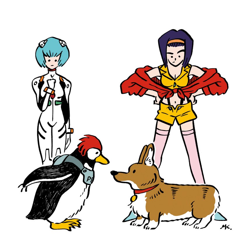 blue_hair bodysuit clothing female feral group hair penpen pilot_suit plugsuit purple_hair skinsuit tight_clothing mizmaru cowboy_bebop neon_genesis_evangelion ein_(cowboy_bebop) faye_valentine pen_pen_(evangelion) rei_ayanami avian bird canid canine canis domestic_dog human mammal penguin 1:1 absurd_res crossover hi_res