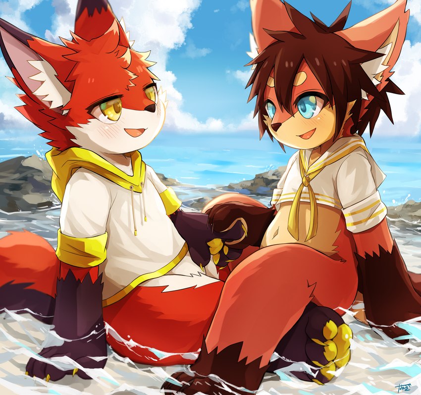 anthro blue_eyes clothing cloud countershading duo fur hoodie inner_ear_fluff male male/male open_mouth rock sea shallow_water sitting sky topwear tuft water wet wet_body wet_fur yellow_eyes young young_anthro naegi canid canine fox mammal 2022 absurd_res hi_res