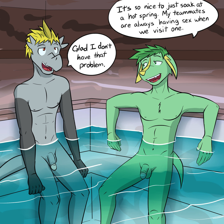 anthro anthrofied arms_bent arms_in_water balls bent_legs casual_nudity circumcised dialogue duo extended_arms flaccid fully_submerged_legs fully_submerged_tail genitals hands_in_water hot_spring humanoid_genitalia humanoid_penis legs_over_edge male male/male navel nipples nude over_edge partially_submerged penis pokemorph sitting sitting_in_water skinny_dipping social_nudity steam submerged_legs submerged_tail text water fuze nintendo pokemon jake_(fuze) jolt_(fuze) electrike generation_3_pokemon generation_7_pokemon hakamo-o pokemon_(species) 1:1 english_text hi_res