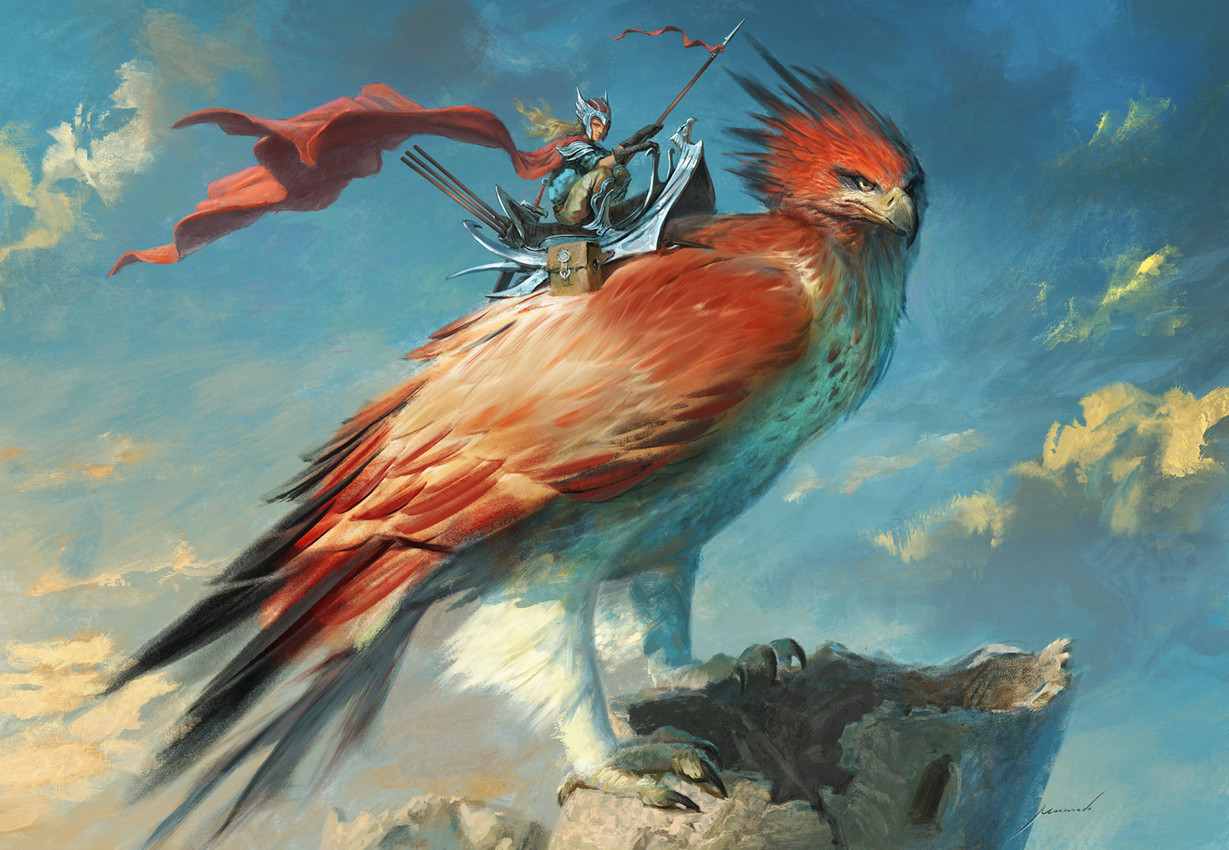 ambiguous_gender armor beak building cape clothing cloud day duo feathered_wings feathers feet feral headgear helmet holding_melee_weapon holding_object holding_polearm holding_spear holding_weapon melee_weapon outside polearm red_body red_cape red_clothing red_feathers riding saddle scabbard spear standing talons toes tower weapon wings manzanedo avian bird human mammal hi_res