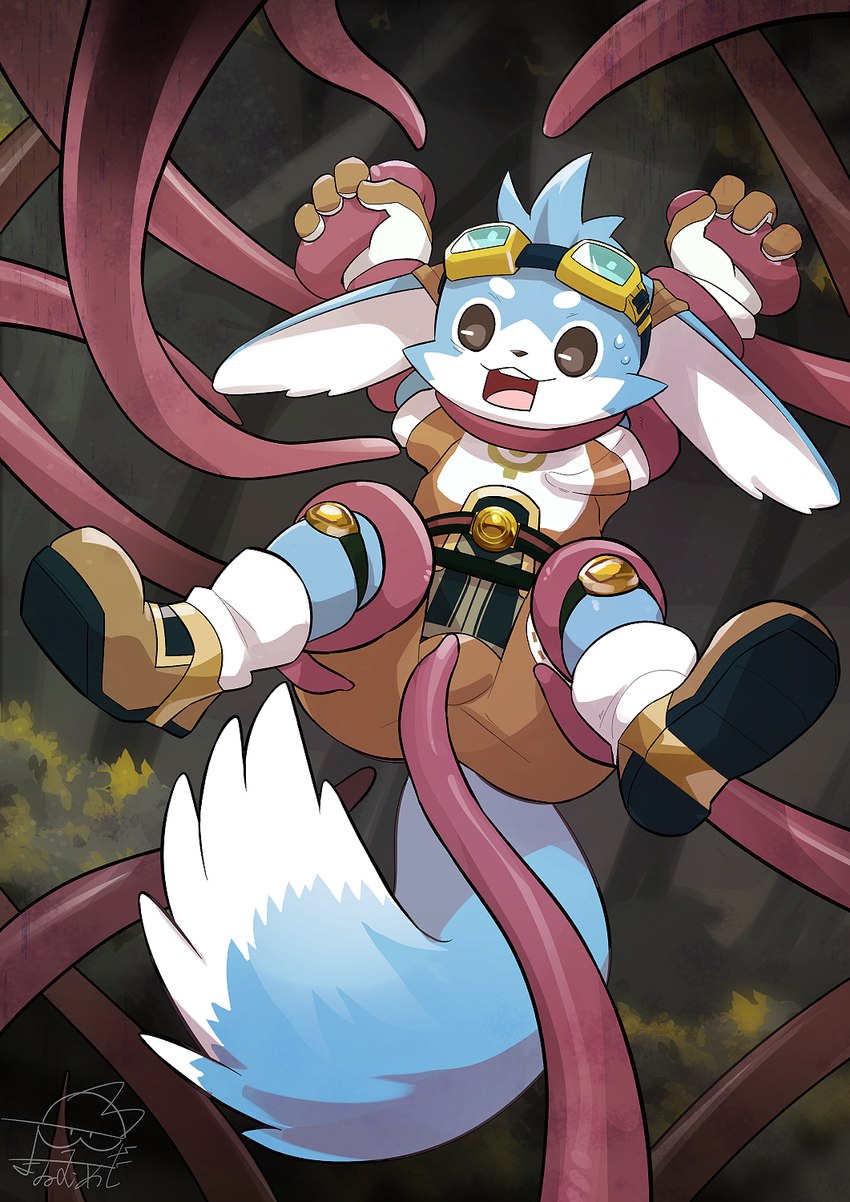 anthro blue_body blue_fur butt clothed clothing fluffy fluffy_tail forest fur male part plant solo tail tentacles tree white_body white_fur magyo6 epic7 huche_(epic7) ambiguous_species hi_res