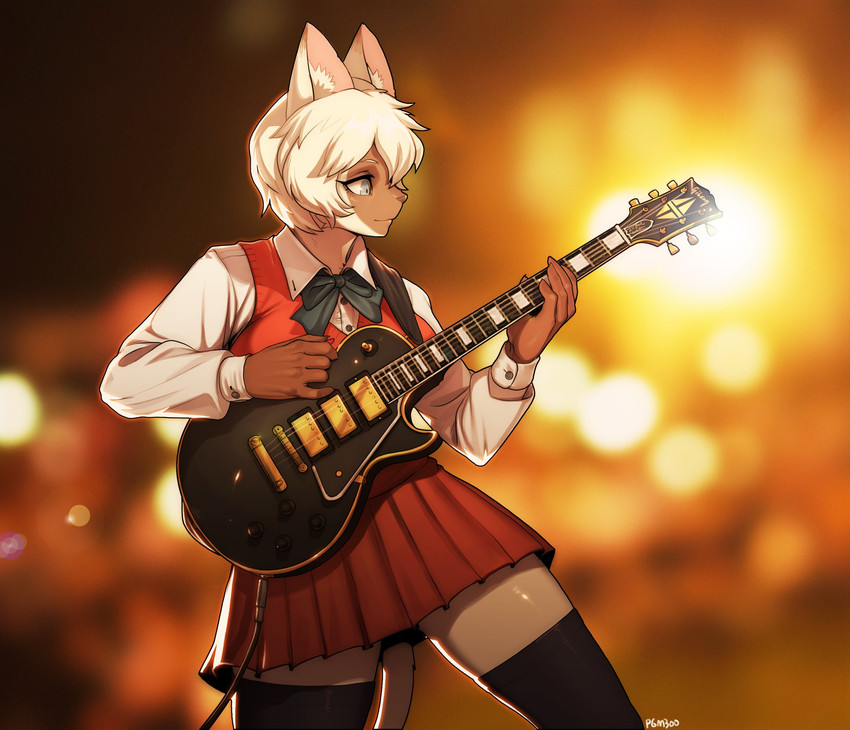 anthro black_clothing black_legwear black_thigh_highs bottomwear bow_tie clothed clothing electric_guitar female fully_clothed fur grey_eyes guitar hair humbucker legwear musical_instrument pleated_skirt plucked_string_instrument short_hair skirt solo string_instrument tail tail_under_skirt thigh_highs white_hair pgm300 gibson les_paul felid feline mammal digital_media_(artwork) hi_res shaded signature