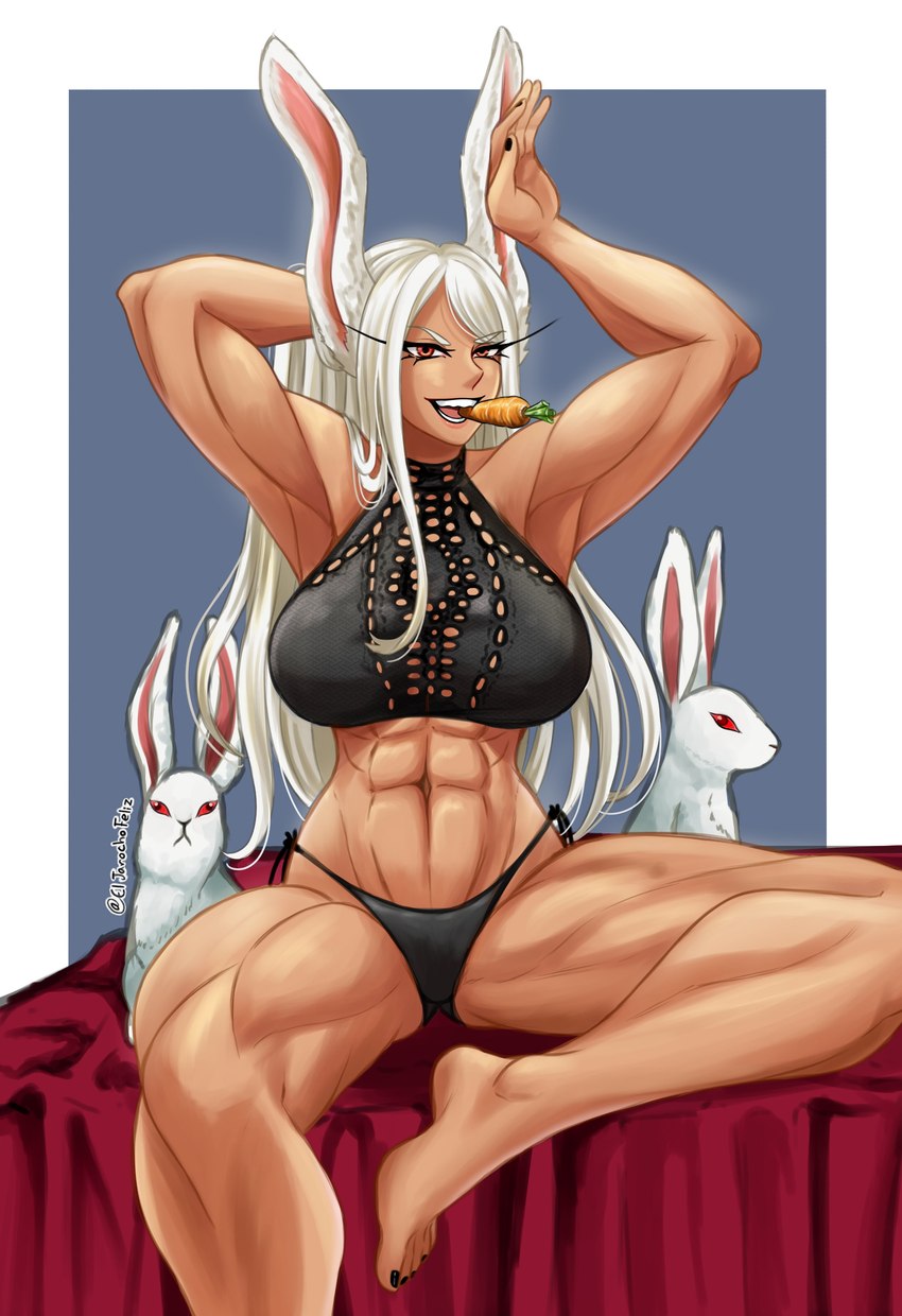 abs animal_ears bed big_breasts black_clothing black_nails black_panties black_topwear black_underwear breasts carrot carrot_in_mouth clothing colored_nails dark_body dark_skin eyelashes female feral food fur furniture grey_background hair huge_breasts long_hair looking_at_viewer muscular muscular_female nails on_bed open_mouth panties plant raised_arms red_eyes simple_background sitting solo thick_thighs topwear underwear vegetable white_background white_body white_fur white_hair wide_hips eljarochofeliz my_hero_academia rumi_usagiyama animal_humanoid humanoid lagomorph lagomorph_humanoid leporid leporid_humanoid mammal mammal_humanoid rabbit rabbit_humanoid absurd_res hi_res