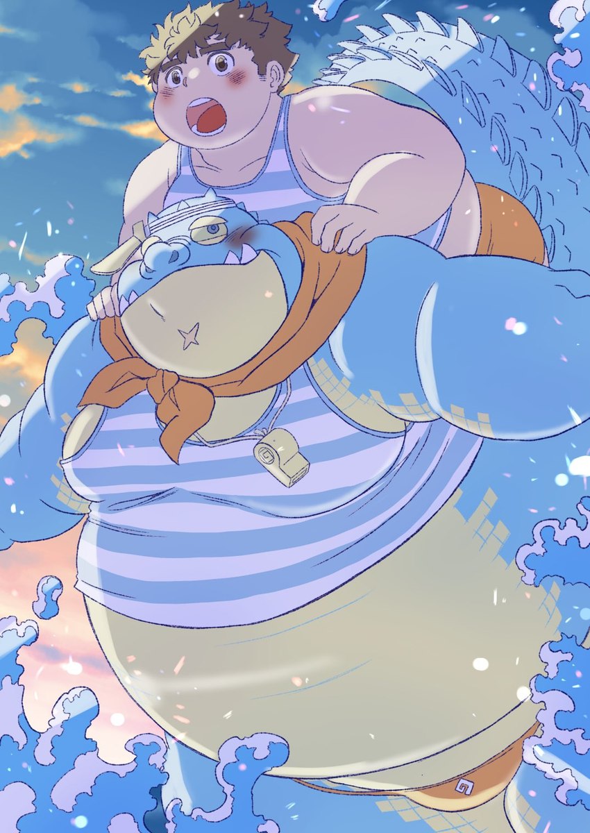 anthro belly blush clothing duo fupa male male/male overweight speedo swimming swimwear water kusarikakemono lifewonders tokyo_afterschool_summoners chubby_protagonist_(tas) makara_(tas) protagonist_(tas) crocodile crocodilian human mammal reptile scalie hi_res