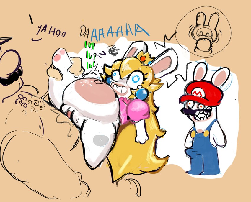 anthro bodily_fluids clothing cum cum_inflation cum_inside erection erection_under_clothing female genital_fluids human_on_anthro inflation interspecies male male_human penetration size_difference smaller_female vaginal vaginal_penetration tagxo_(artist) mario_bros mario_plus_rabbids_kingdom_battle nintendo raving_rabbids rayman_(series) ubisoft mario rabbid_mario rabbid_peach human lagomorph mammal rabbid crossover hi_res