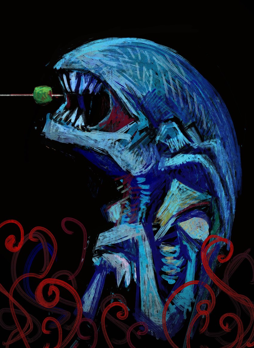 ambiguous_gender black_background black_body eyeless fingers not_furry open_mouth rib_cage sharp_teeth simple_background solo teeth three-quarter_view schmrgl alien_(franchise) alien alien_humanoid humanoid xenomorph 2024 absurd_res digital_media_(artwork) digital_painting_(artwork) half-length_portrait hi_res portrait shaded