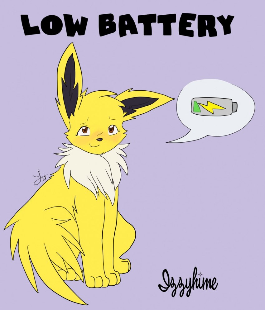 ambiguous_gender battery blush energy feral fur simple_background smile smiling_at_viewer solo yellow_body yellow_fur izzyhime nintendo pokemon jaki-kun_(character) canid canine eeveelution generation_1_pokemon jolteon mammal pokemon_(species) hi_res