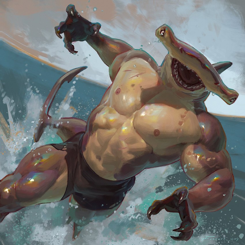 4_fingers abs action_pose anthro biceps black_bottomwear black_clothing black_shorts bottomwear claws clothed clothing finger_claws fingers front_view male muscular muscular_male navel nipples open_mouth partially_submerged pecs pose scar sea sharp_teeth shorts solo tail teeth topless topless_anthro topless_male water taran_fiddler weretober fish ground_shark hammerhead_shark marine shark 1:1 2024 hi_res signature