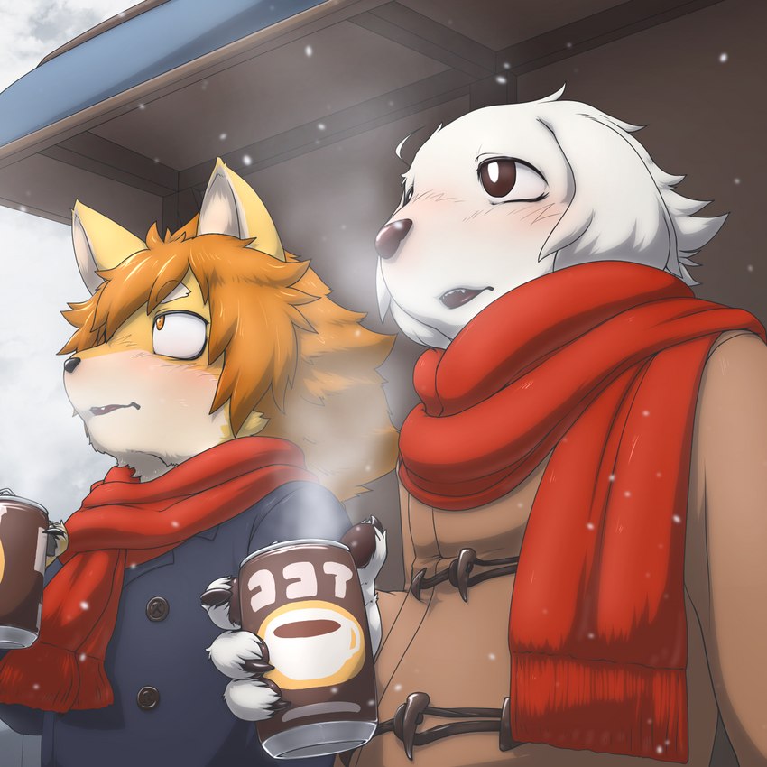 adolescent anthro beverage blush can candy chocolate clothed clothing coat container dessert duo food hot_chocolate looking_up male scarf snow snowing topwear young young_male tsuchinoko_(artist) dogsled_club fuyuki_shiroda_(tsuchi_kemo) mamejirou_shibata_(misodonnburi201) bird_dog canid canine canis domestic_dog hunting_dog mammal retriever shiba_inu spitz 1:1 hi_res