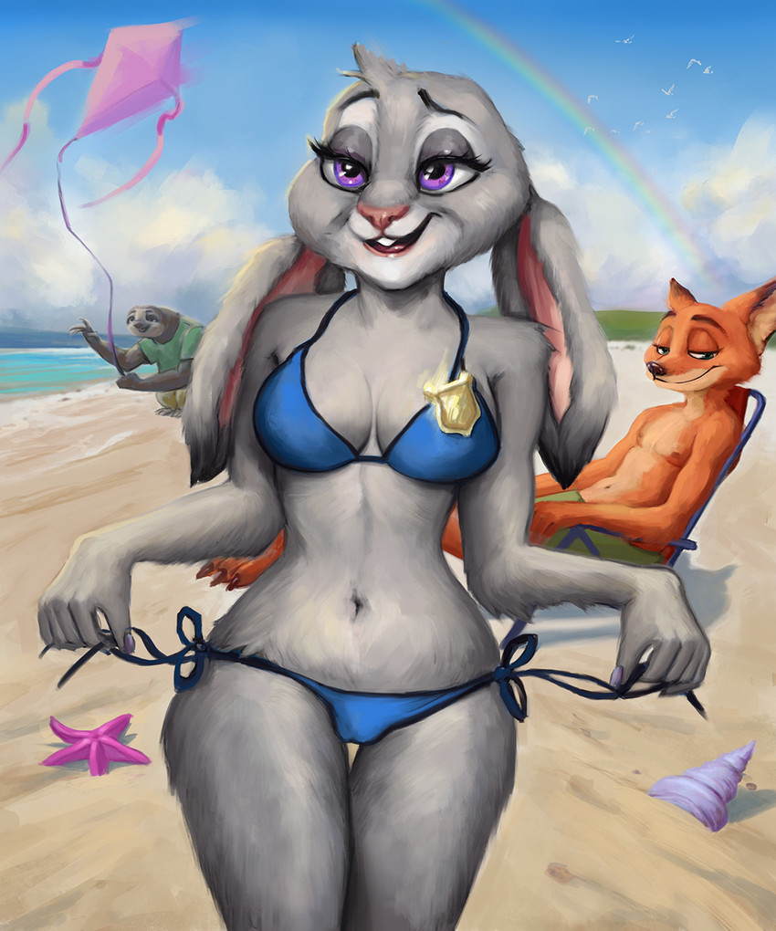 anthro badge beach big_breasts bikini blue_sky breasts chair cleavage clothed clothing cloud female flock_of_birds folding_chair fur furniture green_eyes grey_body grey_fur group half-closed_eyes holding_strap horizon kite male nails narrowed_eyes navel orange_body orange_fur police_badge purple_eyes rainbow seashell seaside shell side-tie_bikini side-tie_clothing side-tie_swimwear sitting sky smile standing string_bikini swimwear teeth thick_thighs tongue two-piece_swimsuit water wide_hipped_female wide_hips annenoir disney zootopia flash_slothmore judy_hopps nick_wilde asterozoan avian bird canid canine echinoderm fox lagomorph leporid mammal marine pilosan rabbit red_fox sloth starfish three-toed_sloth true_fox xenarthran hi_res