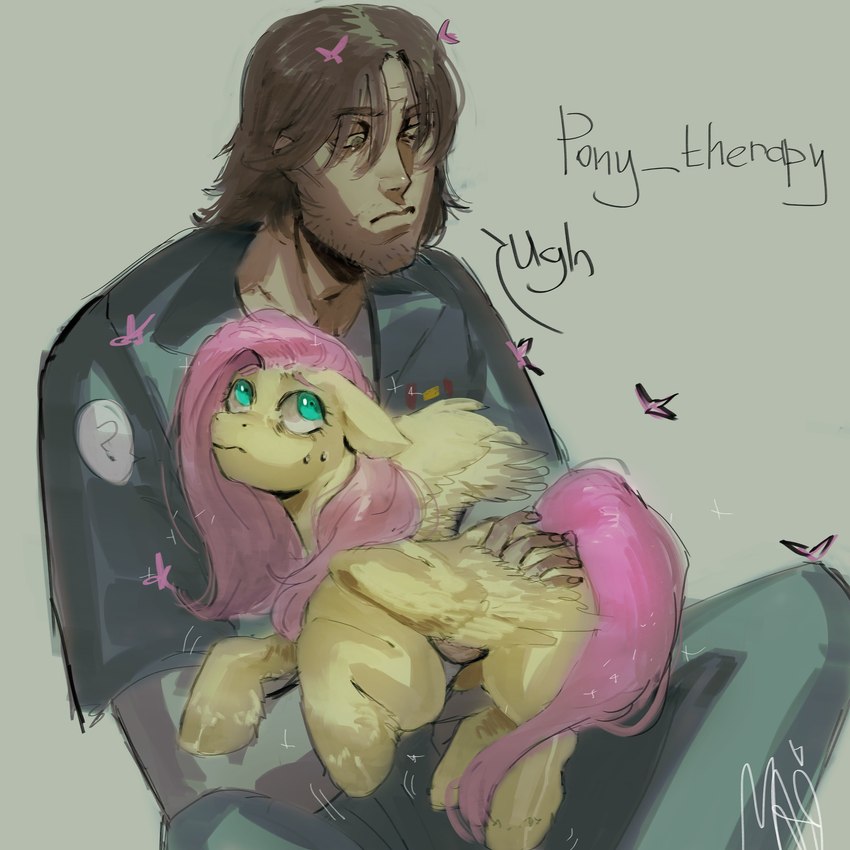 bodily_fluids clothed clothing duo female feral male sweat sweatdrop ugh wings ded_banilla friendship_is_magic hasbro mouthwashing my_little_pony mythology fluttershy_(mlp) jimmy_(mouthwashing) equid equine horse human mammal mythological_creature mythological_equine pegasus pony 1:1 absurd_res crossover hi_res