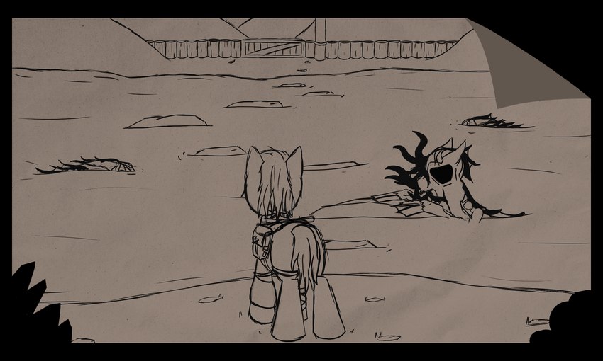 bag bandage dirt_path empty_eyes female glowing_bracelet grass hooves infected kerchief looking_away mane night pink_mane pink_tail plant river rock solo tail tan_body tentacles young beabea. hasbro my_little_pony my_putrid_ponies bug_(my_putrid_ponies) equid equine horse mammal pony undead zombie hi_res