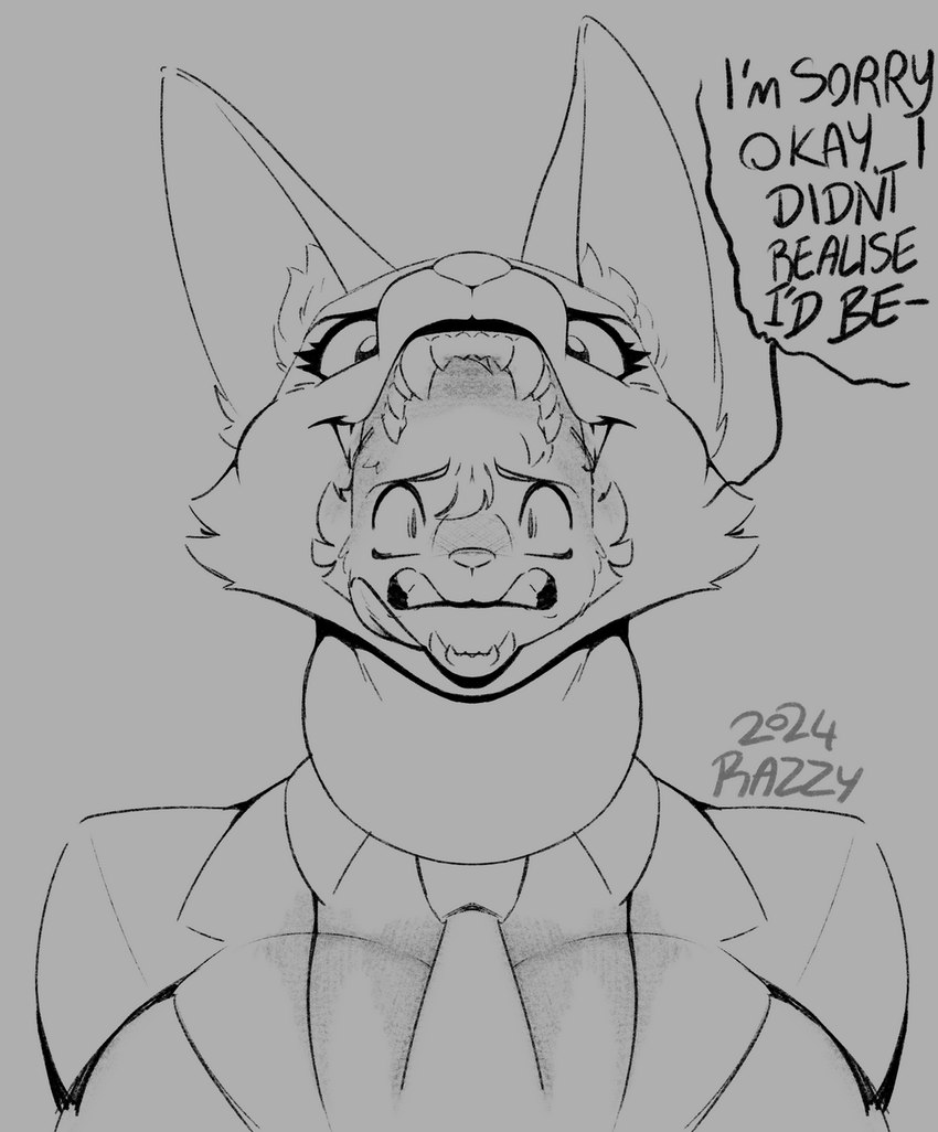 ambiguous_gender ambiguous_prey anthro anthro_pred apology clothing dialogue duo feet_first female female_pred head_in_mouth mouth_shot neck_bulge open_mouth oral_vore scared sharp_teeth speech_bubble suit swallowing teeth text vore razzbian dreamworks the_bad_guys diane_foxington canid canine fox mammal digital_media_(artwork) english_text greyscale hi_res monochrome