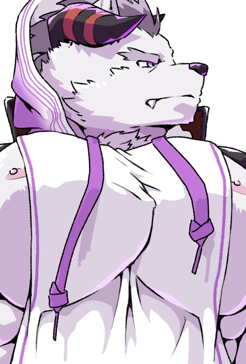 anthro clothing fur hoodie horn male muscular muscular_anthro muscular_male nipples pecs solo topwear white_body white_fur furries_tetras lifewonders tokyo_afterschool_summoners behemoth_(tas) monster hi_res