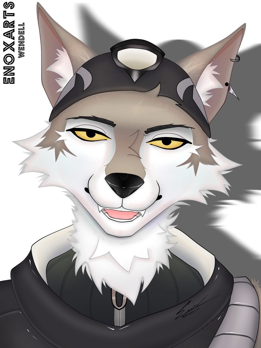 anthro black_eyes brown_body brown_fur clothing ear_piercing fur hat headgear headwear looking_at_viewer male piercing simple_background solo white_background white_body white_fur yellow_sclera enoxarts epic_games fortnite wendell_(fortnite) canid canine canis mammal wolf 3:4 absurd_res clip_studio_paint_(artwork) digital_drawing_(artwork) digital_media_(artwork) hi_res portrait