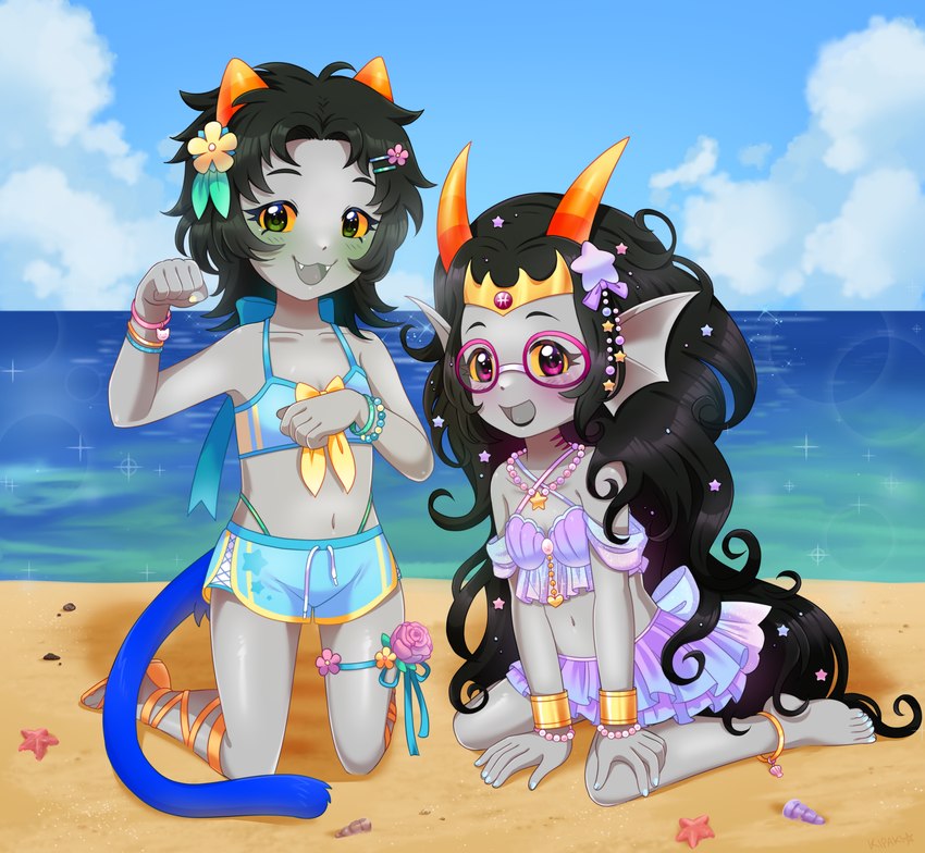 anklet beach bikini clothed clothing crown cute_fangs duo eyewear fangs female glasses goggles gold_(metal) gold_jewelry green_eyes hair headgear horn jewelry long_hair necklace purple_eyes swimwear teeth two-piece_swimsuit young kipaki homestuck ms_paint_adventures feferi_peixes nepeta_leijon alien humanoid troll_(homestuck) hi_res